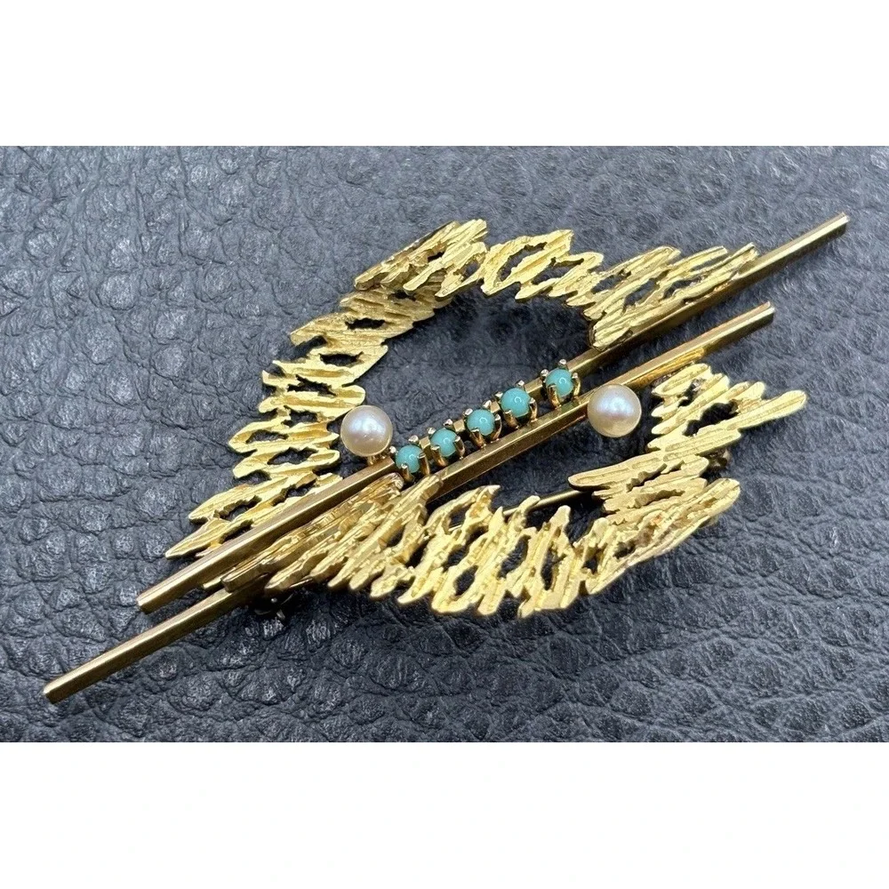 Vintage 18K Yellow Gold Abstract Modernist Style Pearl Blue Stone Brooch Pin